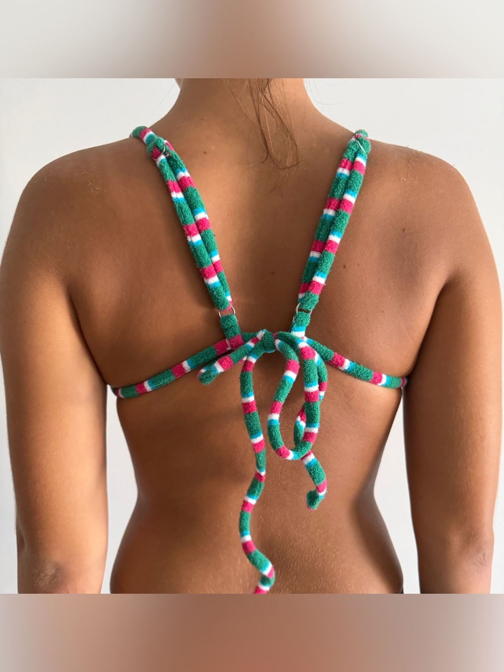 Frankie's Bikinis Green Pink White Terry Towel Stripe Triangle Bikini Top